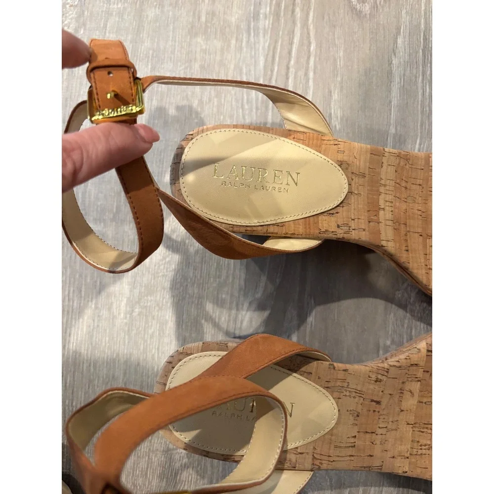 Lauren Ralph Lauren Wedges Cork Flower‎ Ankle Strap Heels Sandals Size 10